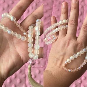 Handmade Iridescent pink and clear crystal prayer and healing beads (100 beads)